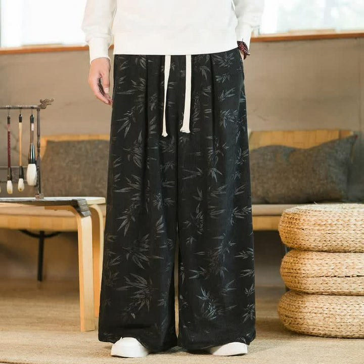 Buddha Stones 秋冬カジュアルヴィンテージドローストリング竹葉柄アンクルパンツメンズストレートレッグパンツポケット付き - image 6