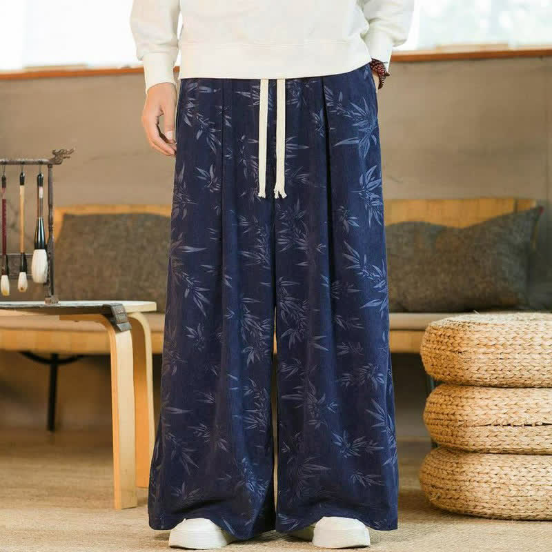 Buddha Stones 秋冬カジュアルヴィンテージドローストリング竹葉柄アンクルパンツメンズストレートレッグパンツポケット付き - image 11