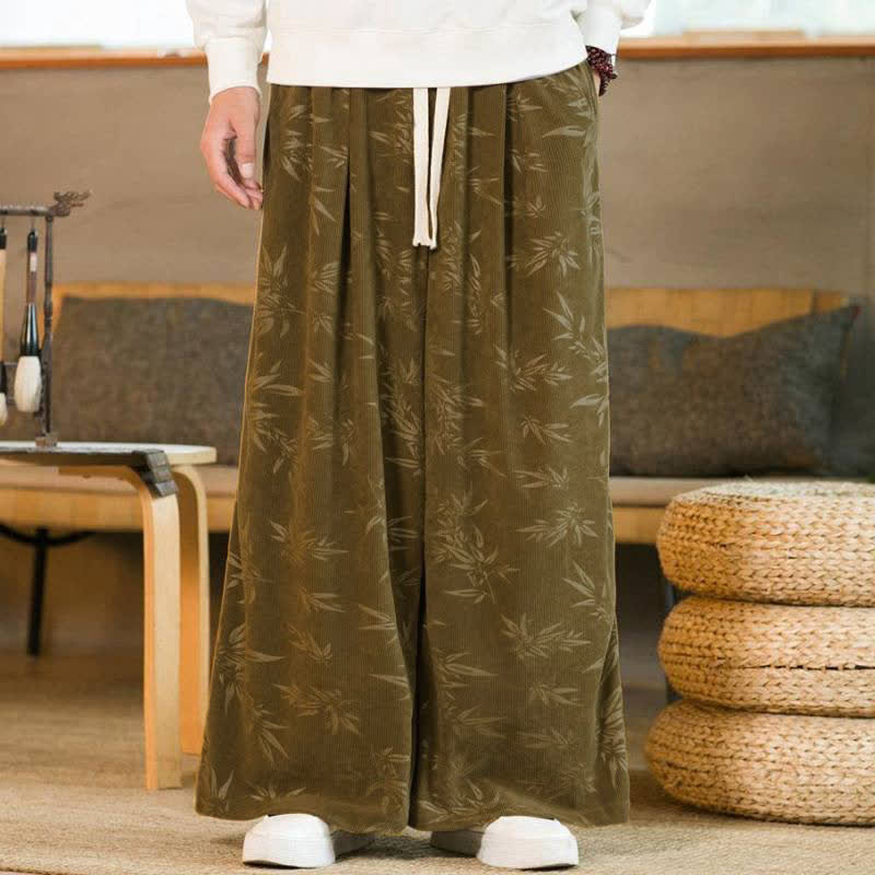 Buddha Stones 秋冬カジュアルヴィンテージドローストリング竹葉柄アンクルパンツメンズストレートレッグパンツポケット付き - image 1