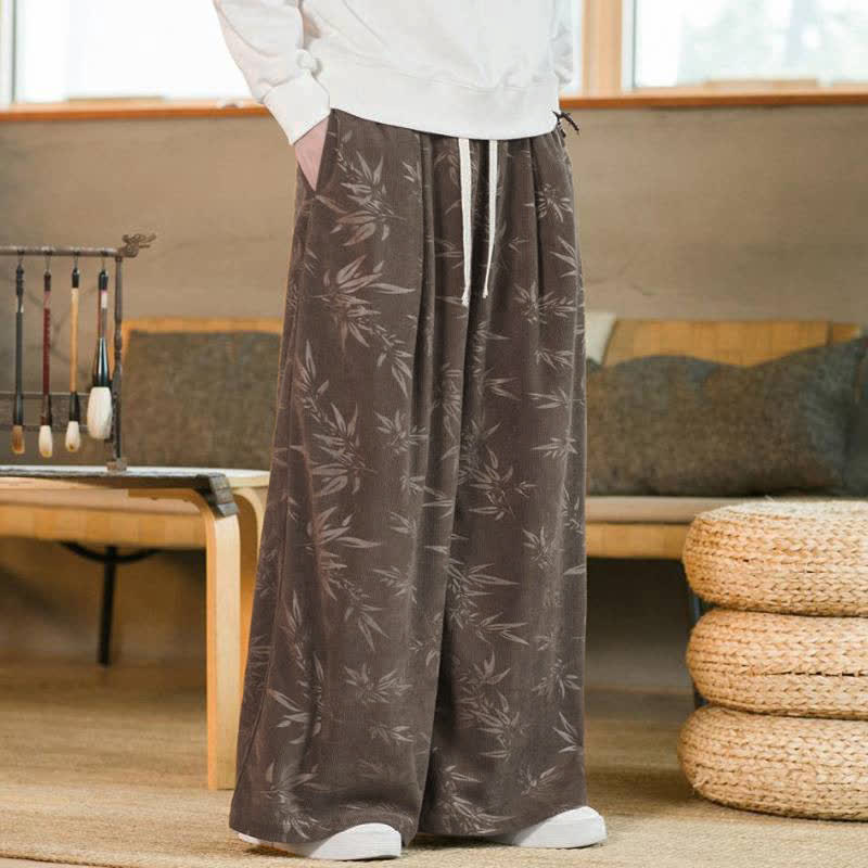 Buddha Stones 秋冬カジュアルヴィンテージドローストリング竹葉柄アンクルパンツメンズストレートレッグパンツポケット付き - image 17