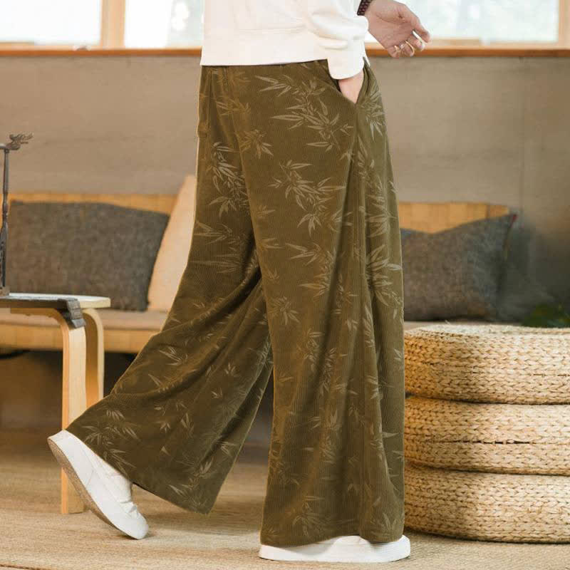 Buddha Stones 秋冬カジュアルヴィンテージドローストリング竹葉柄アンクルパンツメンズストレートレッグパンツポケット付き - image 3