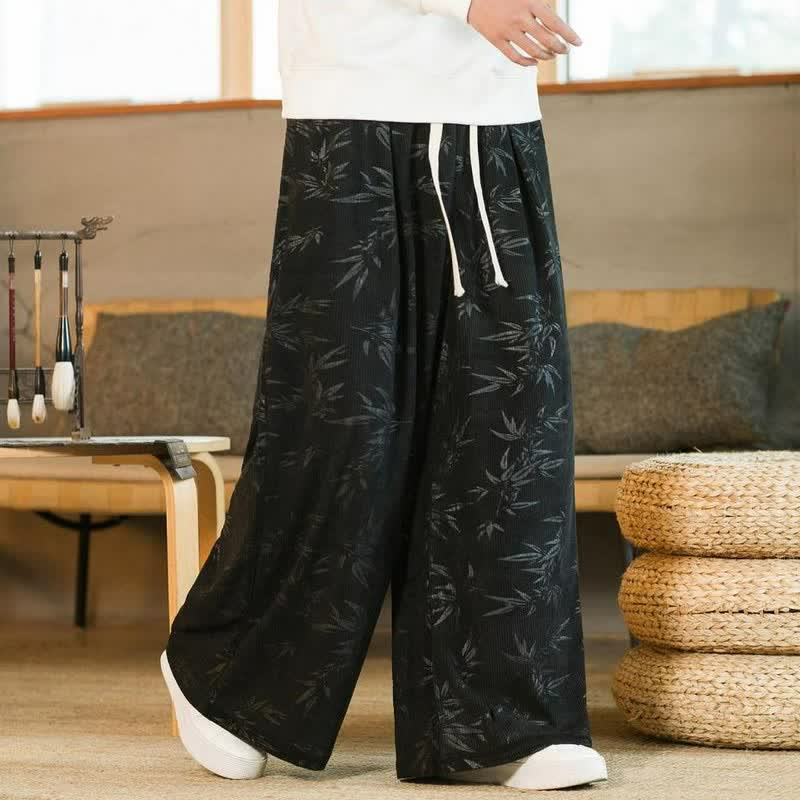 Buddha Stones 秋冬カジュアルヴィンテージドローストリング竹葉柄アンクルパンツメンズストレートレッグパンツポケット付き - image 7