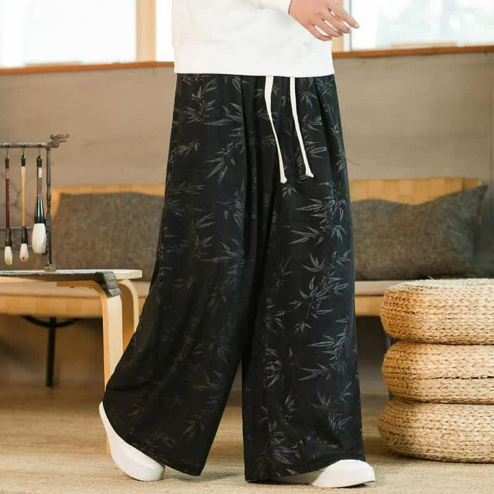 Buddha Stones 秋冬カジュアルヴィンテージドローストリング竹葉柄アンクルパンツメンズストレートレッグパンツポケット付き - image 7