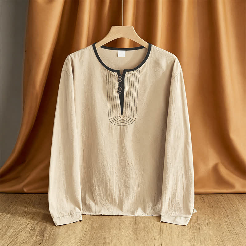 Buddha Stones 春秋カジュアルヴィンテージボタンアップ無地メンズ長袖シャツ - 小麦 - US/UK/AU42, EU52 （3XL） - image 0