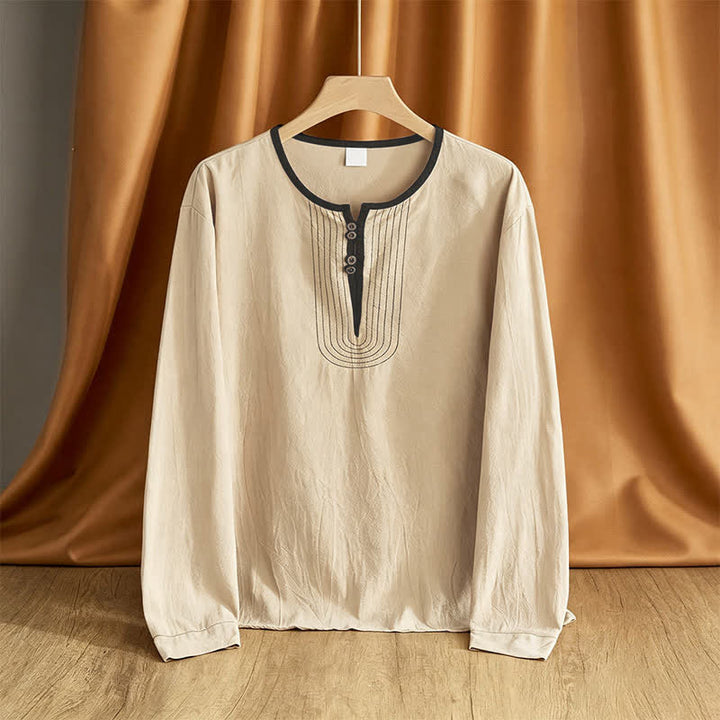 Buddha Stones 春秋カジュアルヴィンテージボタンアップ無地メンズ長袖シャツ - 小麦 - US/UK/AU42, EU52 （3XL） - image 0