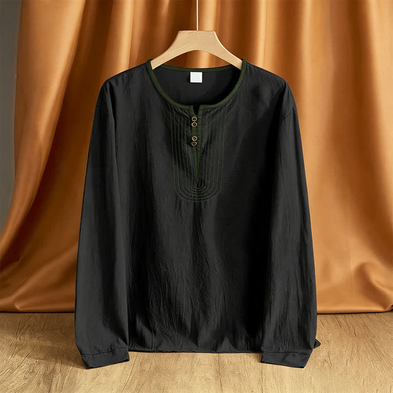 Buddha Stones 春秋カジュアルヴィンテージボタンアップ無地メンズ長袖シャツ - 黒 - US/UK/AU42, EU52 （3XL） - image 9