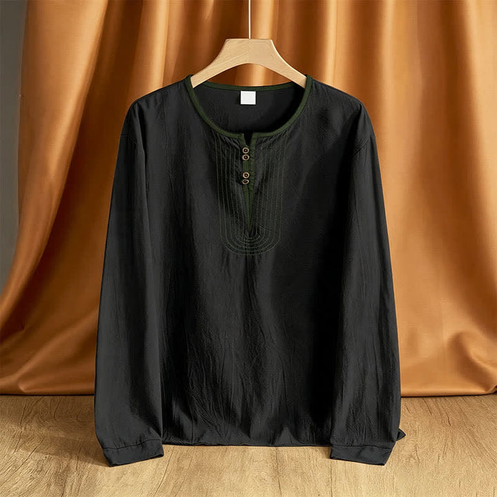 Buddha Stones 春秋カジュアルヴィンテージボタンアップ無地メンズ長袖シャツ - 黒 - US/UK/AU42, EU52 （3XL） - image 9