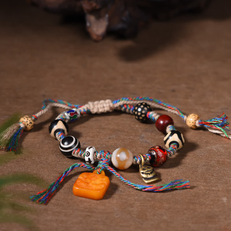Buddha Stones チベットのジービーズと骨を編み込んだマルチカラーストリングの祝福ブレスレット - image 4
