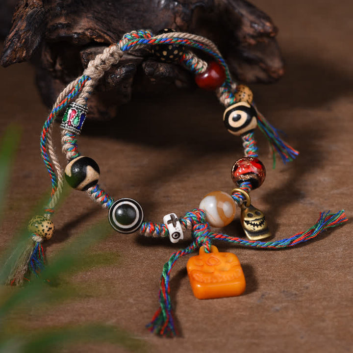 Buddha Stones チベットのジービーズと骨を編み込んだマルチカラーストリングの祝福ブレスレット - image 3