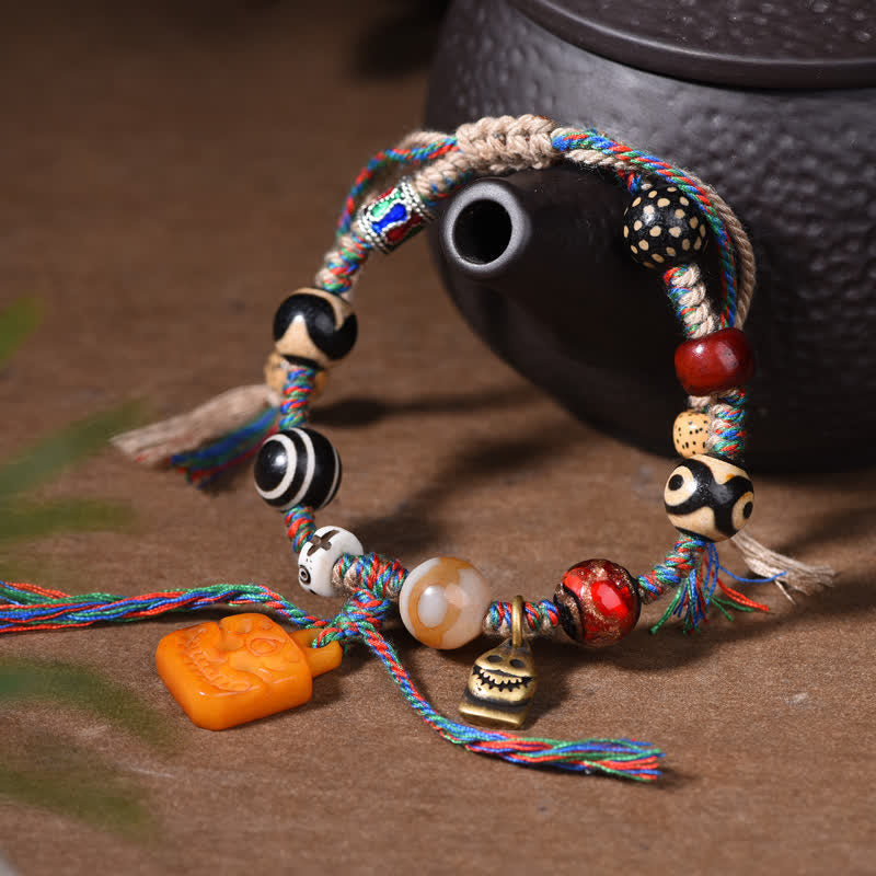 Buddha Stones チベットのジービーズと骨を編み込んだマルチカラーストリングの祝福ブレスレット - image 2