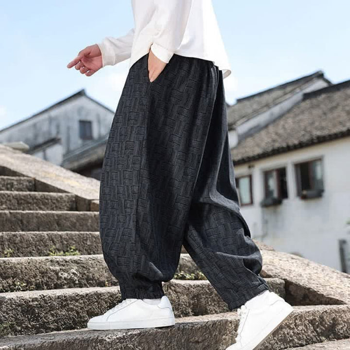 Buddha Stones 秋冬カジュアルヴィンテージドローストリング幾何学模様アンクルパンツメンズハーレムパンツポケット付き - image 3