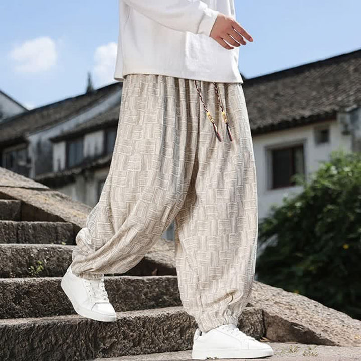 Buddha Stones 秋冬カジュアルヴィンテージドローストリング幾何学模様アンクルパンツメンズハーレムパンツポケット付き - image 9