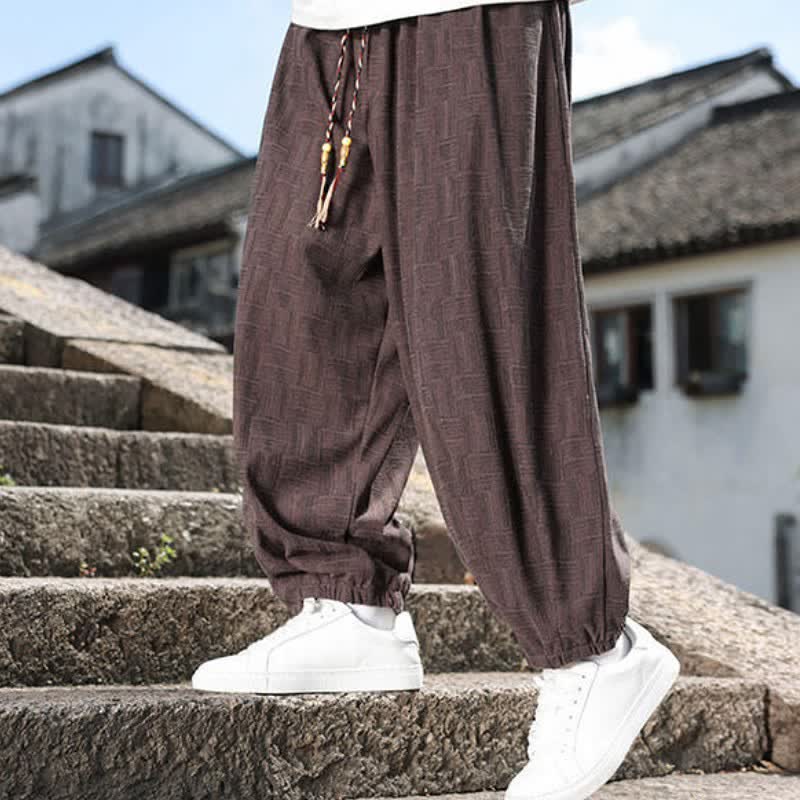 Buddha Stones 秋冬カジュアルヴィンテージドローストリング幾何学模様アンクルパンツメンズハーレムパンツポケット付き - image 19