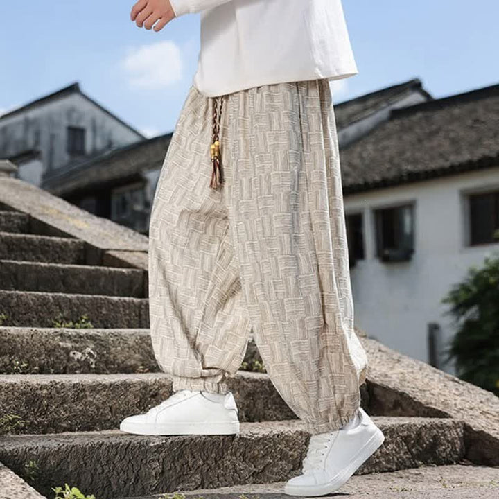 Buddha Stones 秋冬カジュアルヴィンテージドローストリング幾何学模様アンクルパンツメンズハーレムパンツポケット付き - image 8