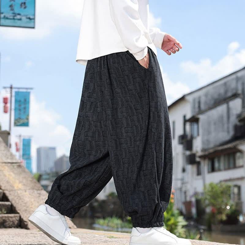 Buddha Stones 秋冬カジュアルヴィンテージドローストリング幾何学模様アンクルパンツメンズハーレムパンツポケット付き - image 1