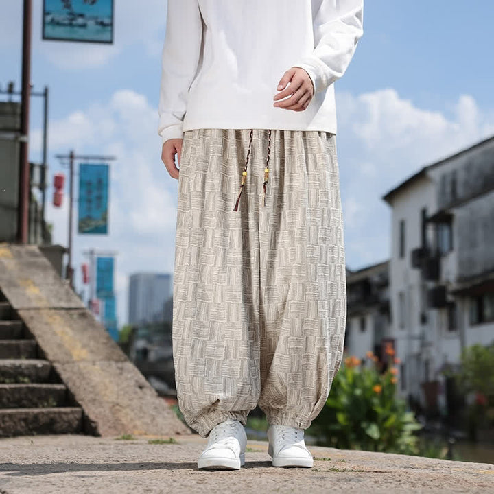 Buddha Stones 秋冬カジュアルヴィンテージドローストリング幾何学模様アンクルパンツメンズハーレムパンツポケット付き - ベージュ - US/UK/AU54、 EU64 (9XL) - image 5