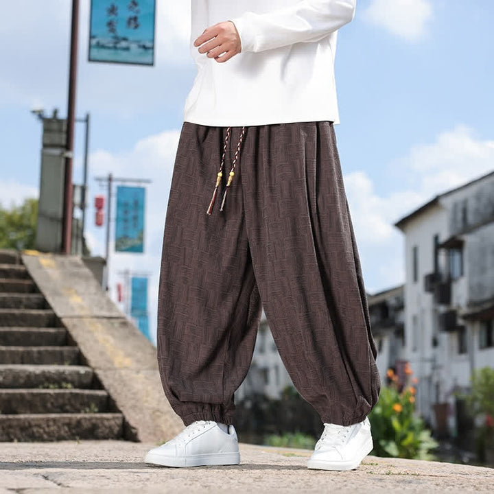 Buddha Stones 秋冬カジュアルヴィンテージドローストリング幾何学模様アンクルパンツメンズハーレムパンツポケット付き - サドルブラウン - US/UK/AU54、 EU64 (9XL) - image 18