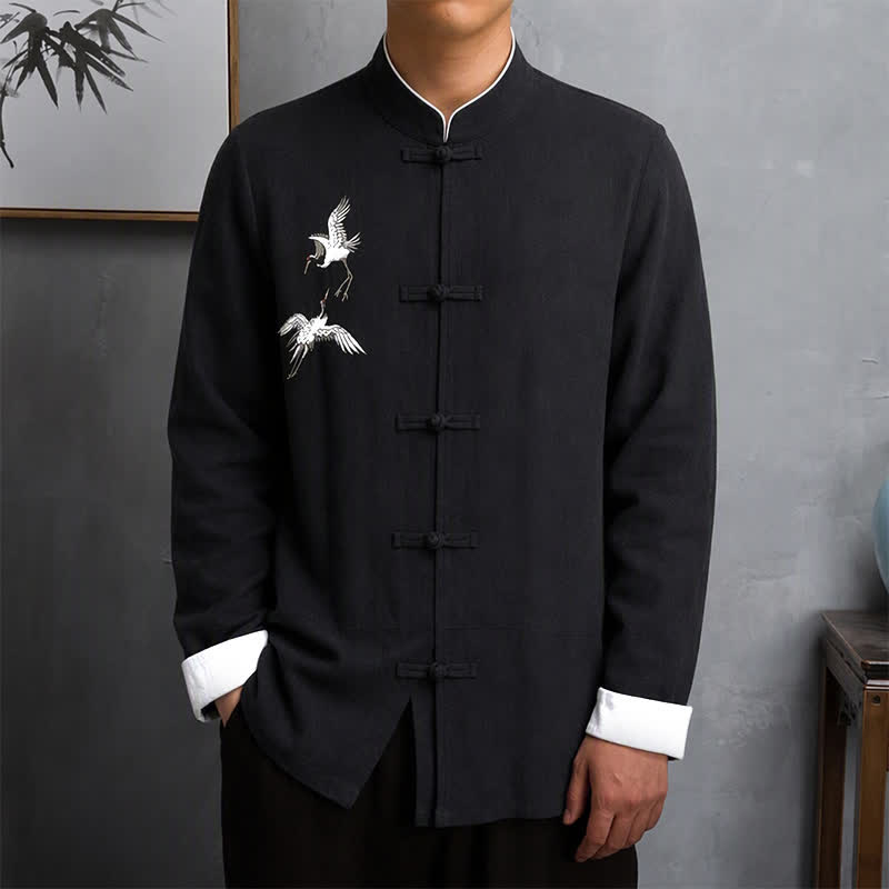 Buddha Stones 春秋ヴィンテージ唐草風カエルボタン鶴刺繍メンズ長袖シャツ - 黒 - US/UK/AU46, EU56 （5XL） - image 9
