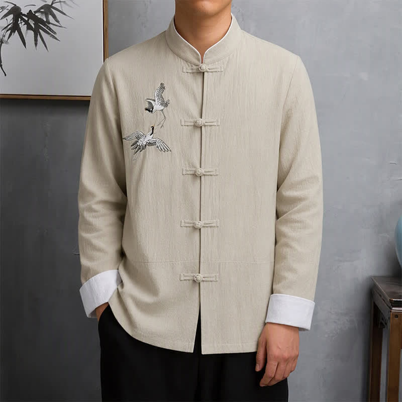Buddha Stones 春秋ヴィンテージ唐草風カエルボタン鶴刺繍メンズ長袖シャツ - ベージュ - US/UK/AU46, EU56 （5XL） - image 20