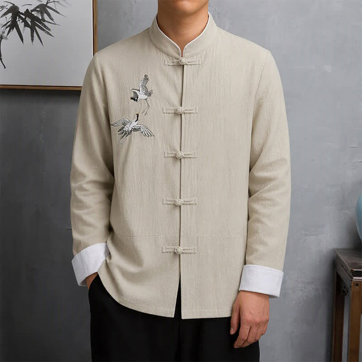 Buddha Stones 春秋ヴィンテージ唐草風カエルボタン鶴刺繍メンズ長袖シャツ - ベージュ - US/UK/AU46, EU56 （5XL） - image 20