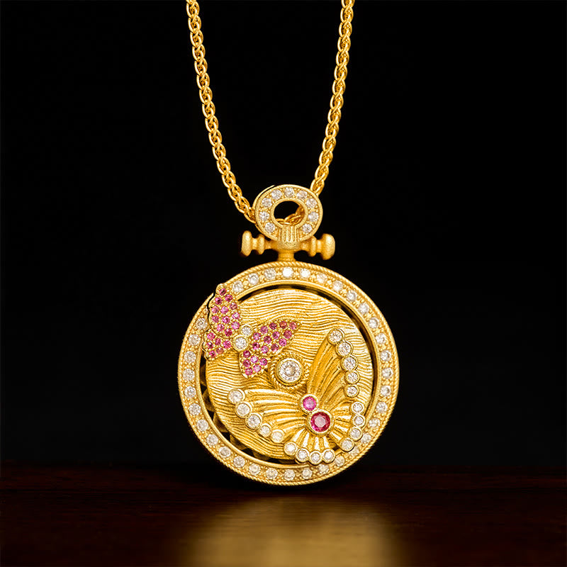 Buddha Stones 金メッキ銅製蝶の変形回転式ラウンドペンダントネックレス - 蝶 - image 0