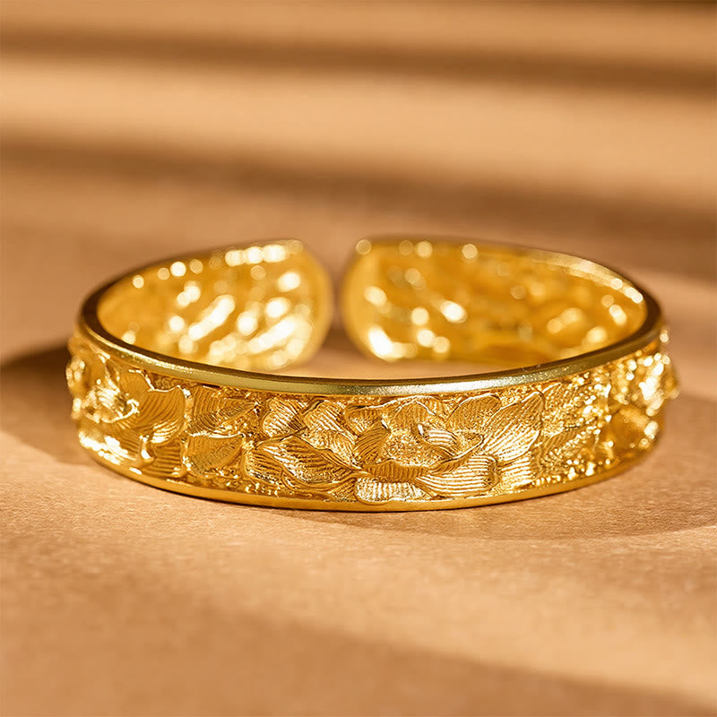 Buddha Stones 金メッキ銅製牡丹彫刻入りオープンカフブレスレット - image 9