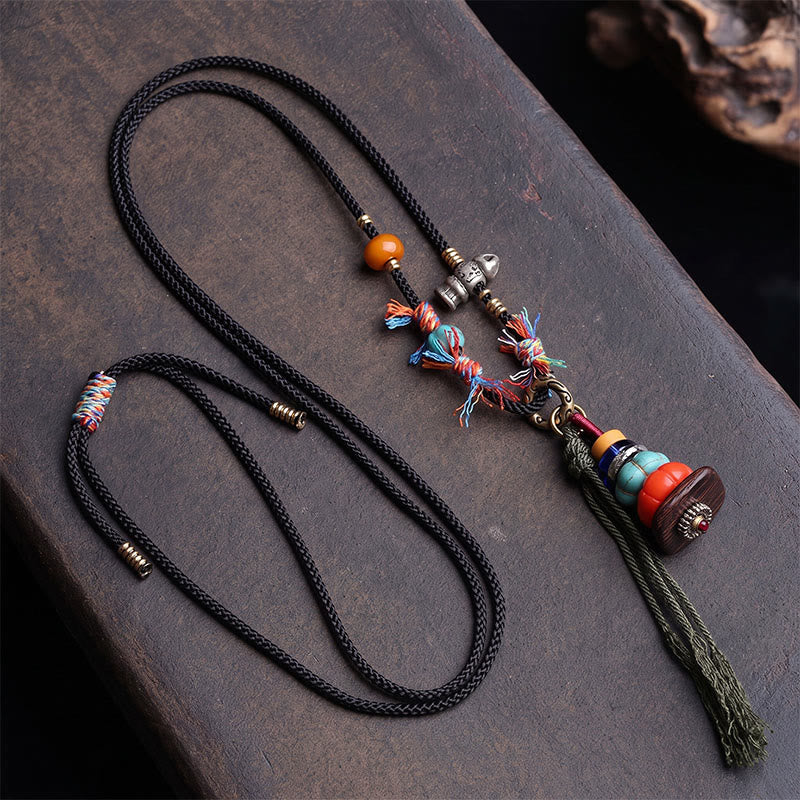 Buddha Stones チベットのマニ石山デザイン、劉莉ビーズのグラウンディングタッセルネックレス - image 1