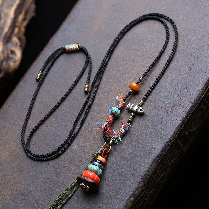 Buddha Stones チベットのマニ石山デザイン、劉莉ビーズのグラウンディングタッセルネックレス - 約6.5～16mm - image 0