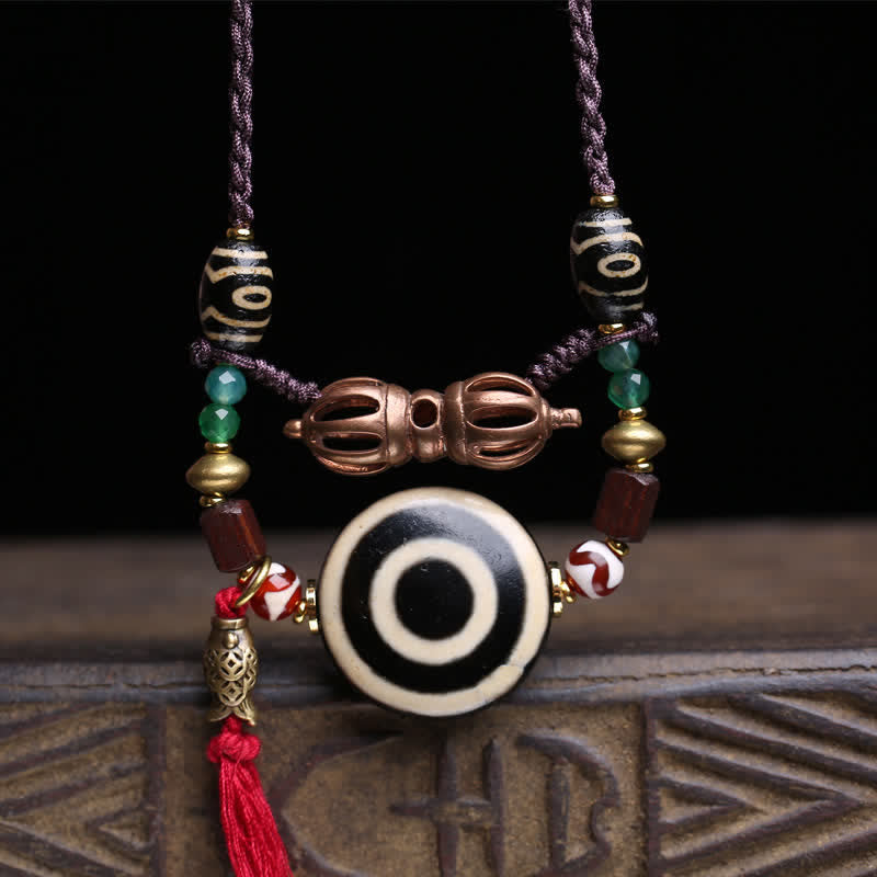 Buddha Stones チベットのジービーズ、ヴァジュラ、三つ目のジービーズ、編み込みロープの保護ネックレス - image 1