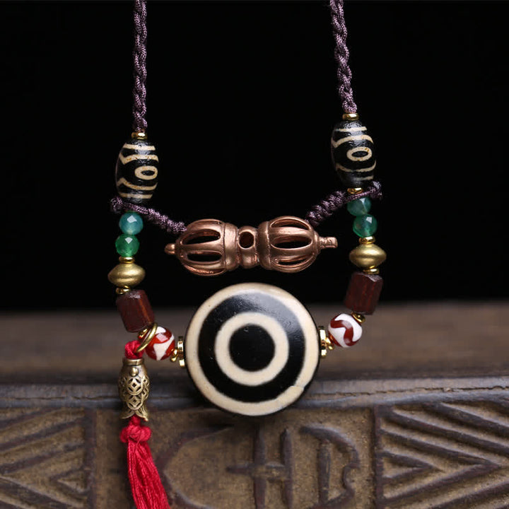 Buddha Stones チベットのジービーズ、ヴァジュラ、三つ目のジービーズ、編み込みロープの保護ネックレス - image 1