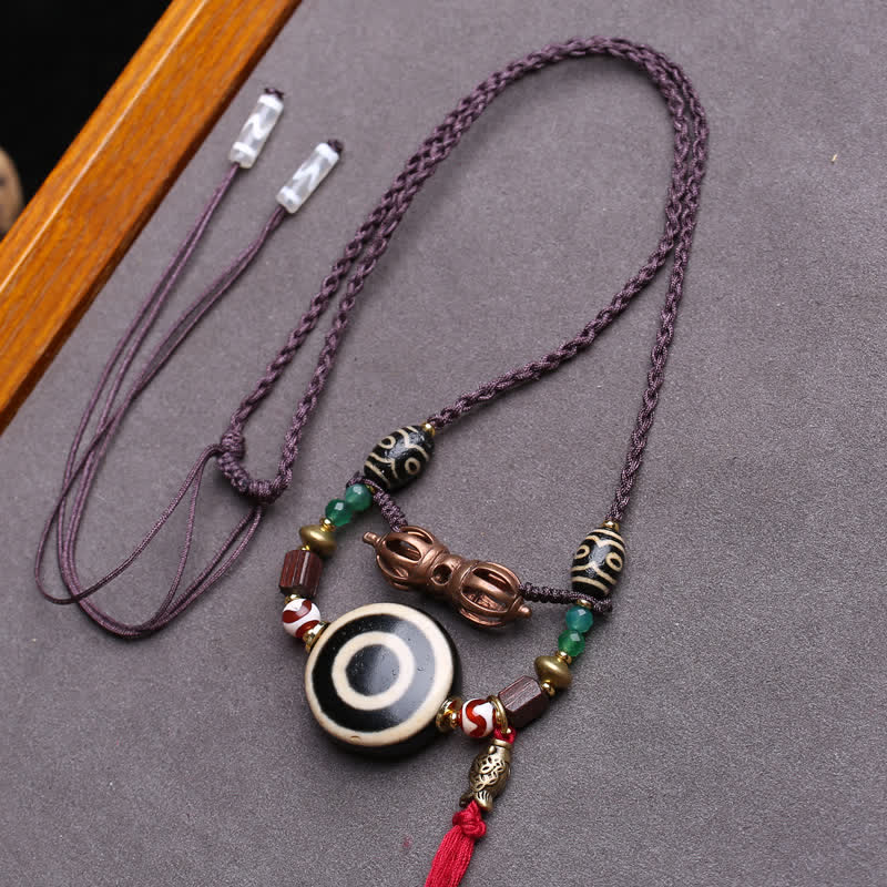 Buddha Stones チベットのジービーズ、ヴァジュラ、三つ目のジービーズ、編み込みロープの保護ネックレス - 約24×10mm - image 0