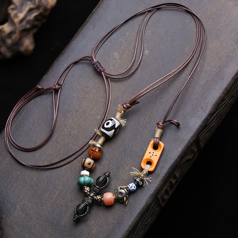 Buddha Stones チベットの三眼ジービーズ金剛杵ネックレス - 約46×10mm - image 0