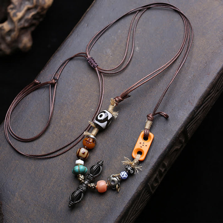 Buddha Stones チベットの三眼ジービーズ金剛杵ネックレス - 約46×10mm - image 0