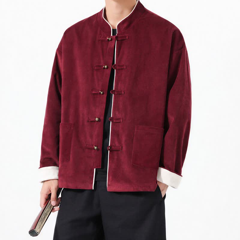 Buddha Stones 秋冬カジュアルタンスタイルフロッグボタン無地コーデュロイメンズジャケット（ポケット付き） - マルーン - US/UK/AU46、 EU56 (5XL) - image 6