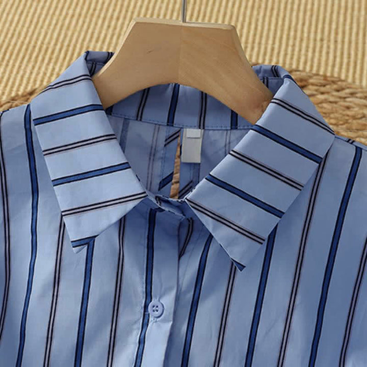 Buddha Stones 春のカジュアルミニマリストな縦ストライプ柄ボタンアップ長袖レディースシャツ - image 1