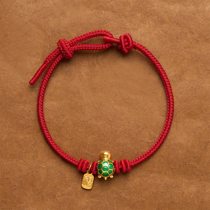 Buddha Stones 福の文字亀赤紐の幸運繁栄ブレスレット - ダークレッド - 6.7～7.5インチ/17～19cm - 四角いフー文字 - image 0