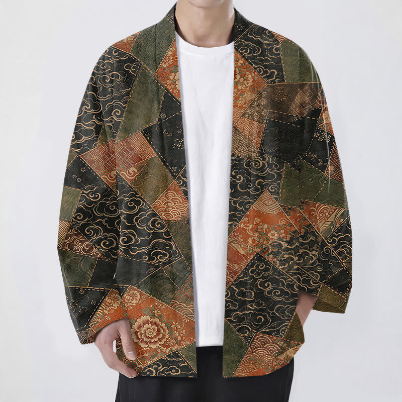 Buddha Stones コットン製ヴィンテージパッチワーク波模様オープンフロントメンズ着物 - 黒 - US/UK/AU48、 EU58 (4XL) - image 0