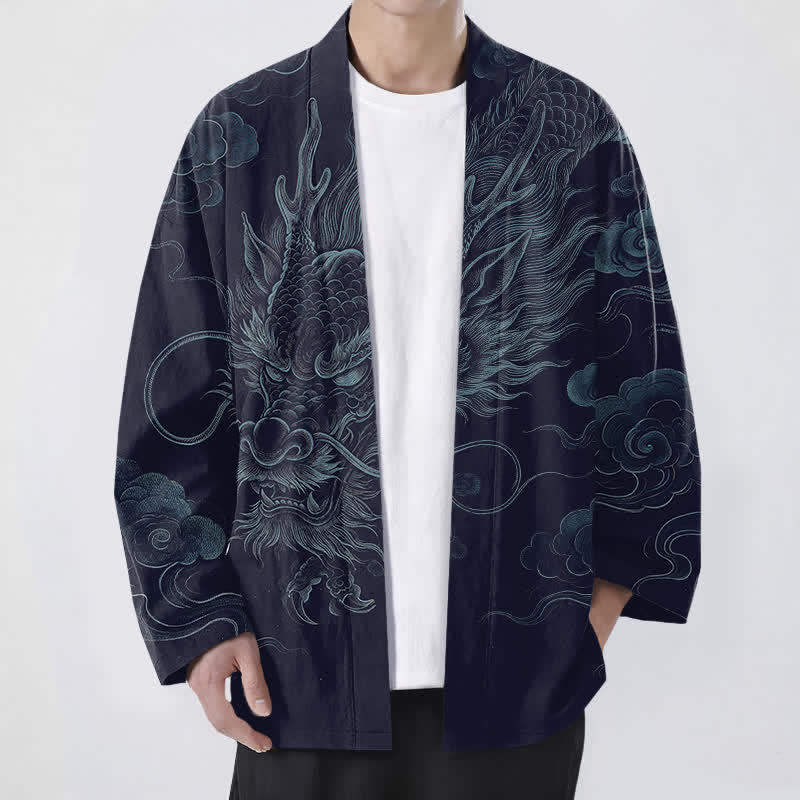 Buddha Stones 綿素材の古代龍霧模様のオープンフロントメンズ着物 - 海軍 - US/UK/AU48、 EU58 (4XL) - image 0