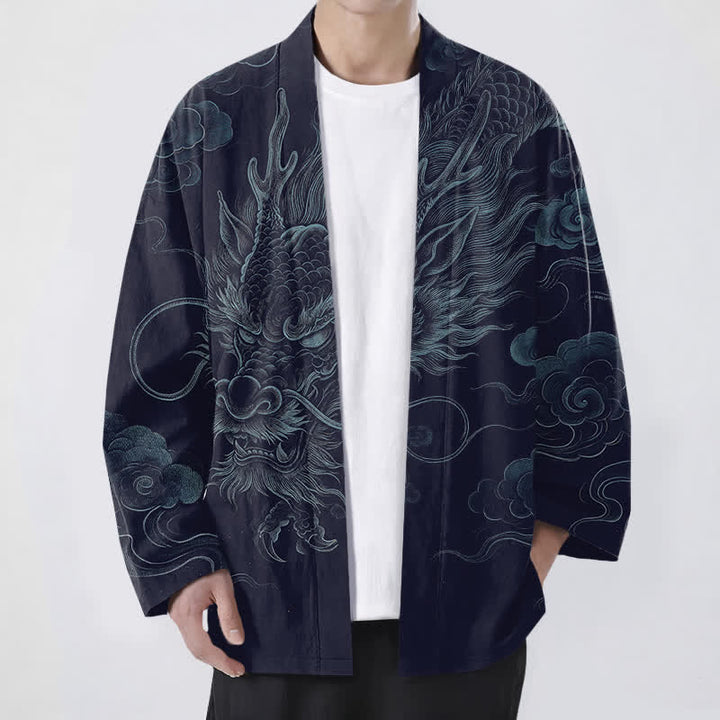 Buddha Stones 綿素材の古代龍霧模様のオープンフロントメンズ着物 - 海軍 - US/UK/AU48、 EU58 (4XL) - image 0