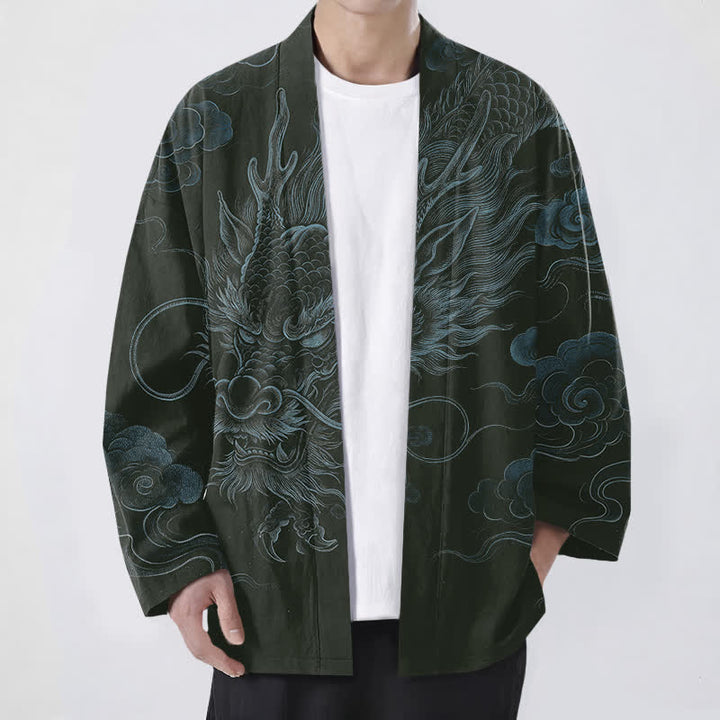 Buddha Stones 綿素材の古代龍霧模様のオープンフロントメンズ着物 - ダークグリーン - US/UK/AU48、 EU58 (4XL) - image 6