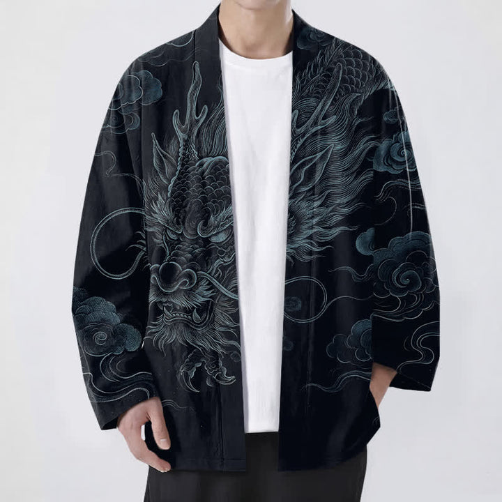 Buddha Stones 綿素材の古代龍霧模様のオープンフロントメンズ着物 - 黒 - US/UK/AU48、 EU58 (4XL) - image 9