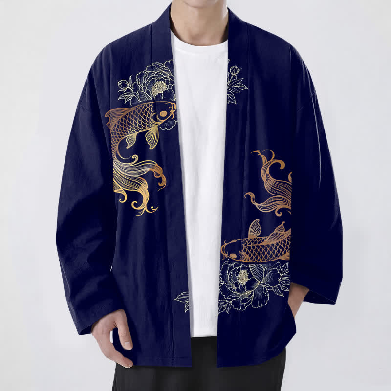 Buddha Stones 綿素材のツイン鯉花柄前開きメンズ着物 - 海軍 - US/UK/AU48、 EU58 (4XL) - image 0