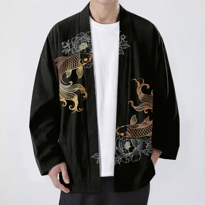Buddha Stones 綿素材のツイン鯉花柄前開きメンズ着物 - 黒 - US/UK/AU48、 EU58 (4XL) - image 6