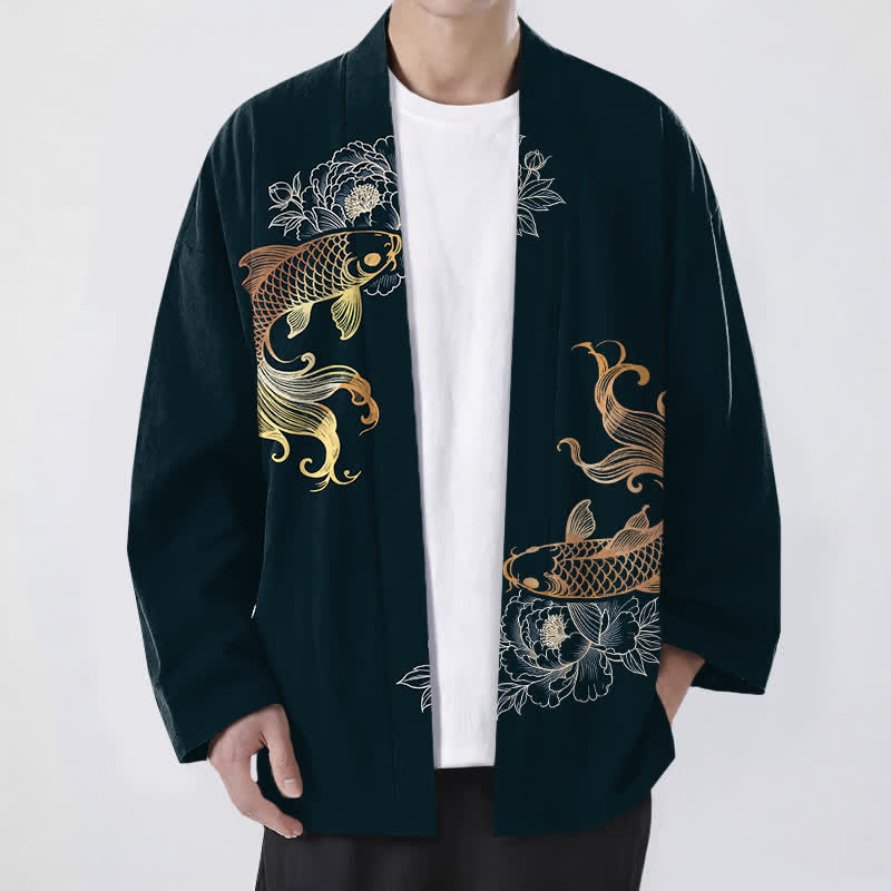 Buddha Stones 綿素材のツイン鯉花柄前開きメンズ着物 - ダークスレートグレー - US/UK/AU48、 EU58 (4XL) - image 9