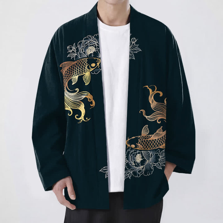 Buddha Stones 綿素材のツイン鯉花柄前開きメンズ着物 - ダークスレートグレー - US/UK/AU48、 EU58 (4XL) - image 9