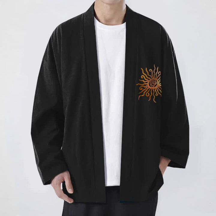 Buddha Stones 綿素材、金色のサンバースト柄、前開きメンズ着物 - 黒 - US/UK/AU48、 EU58 (4XL) - image 0
