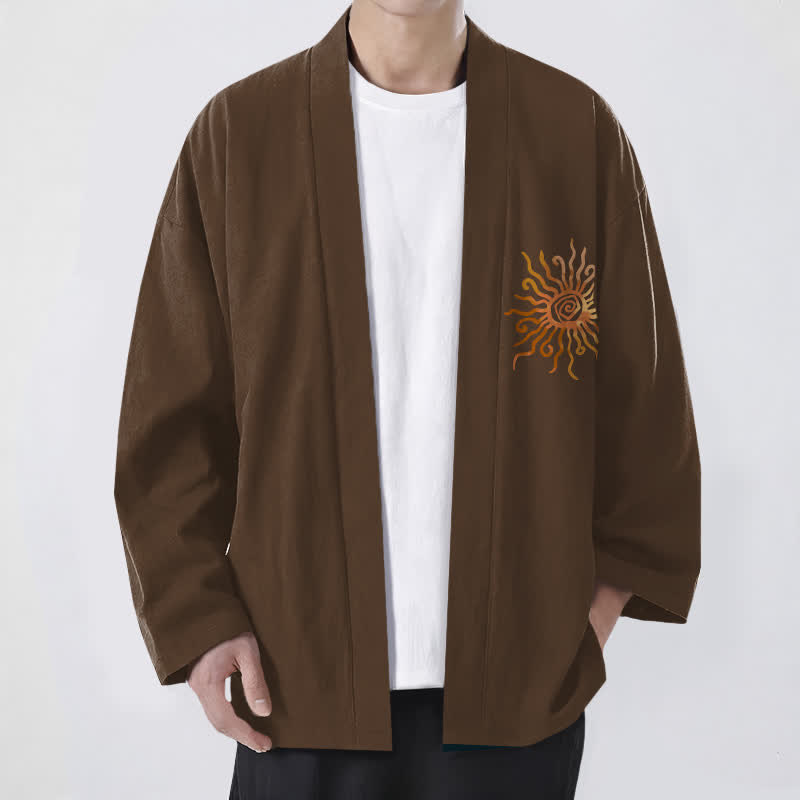 Buddha Stones 綿素材、金色のサンバースト柄、前開きメンズ着物 - サドルブラウン - US/UK/AU48、 EU58 (4XL) - image 6