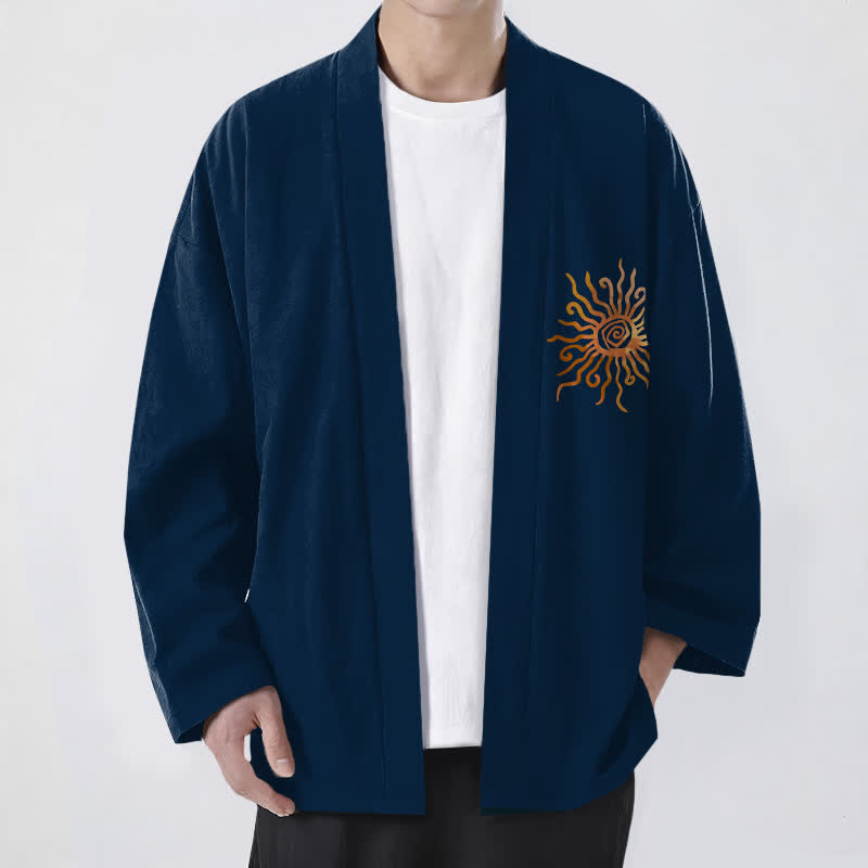 Buddha Stones 綿素材、金色のサンバースト柄、前開きメンズ着物 - 海軍 - US/UK/AU48、 EU58 (4XL) - image 9