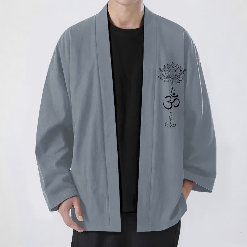 Buddha Stones 綿素材の禅蓮柄オープンフロントメンズ着物 - スレートグレー - US/UK/AU48、 EU58 (4XL) - image 0