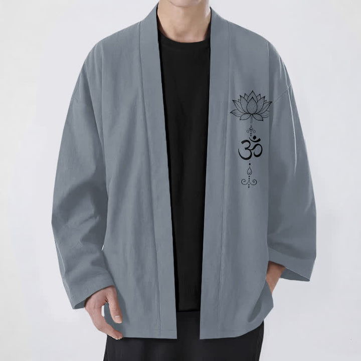 Buddha Stones 綿素材の禅蓮柄オープンフロントメンズ着物 - スレートグレー - US/UK/AU48、 EU58 (4XL) - image 0